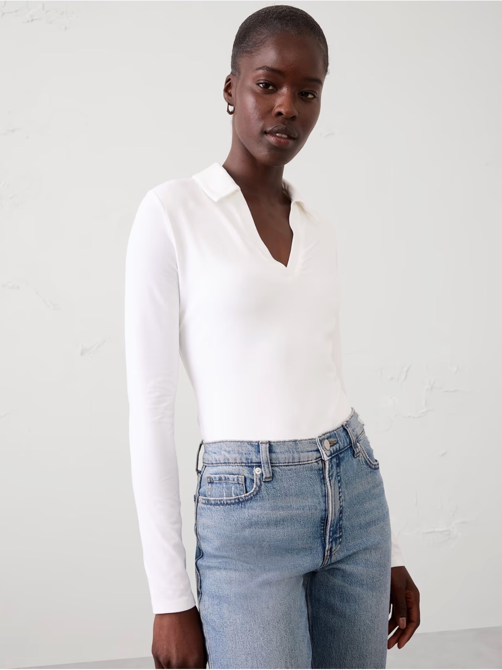 Banana Republic White Long-Sleeve V-Neck Polo Top